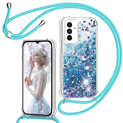 Handykette Hülle für Samsung Galaxy A35, Glitzer Treibsand Necklace Silikon Stoßfest Handyhülle mit Band Transparent TPU Bumper Schutzhülle mit Kordel zum Umhängen, Quicksand Case in Blau von TUUTPU