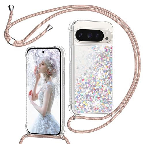 Handykette für Google Pixel 9 Pro XL Hülle mit Band, Glitzer Treibsand Handyhülle mit Kordel zum Umhängen, Transparent Stoßfest Schutzhülle mit Kette - Schnur Quicksand Necklace Case in Rose_Gold von TUUTPU