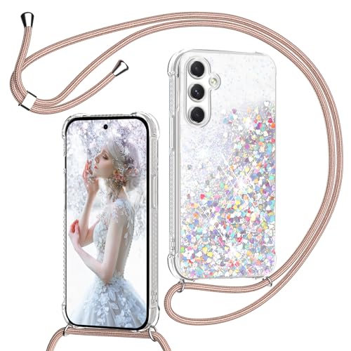 TUUTPU Handykette für Samsung Galaxy A16 5G/4G Hülle mit Band, Glitzer Treibsand Handyhülle mit Kordel zum Umhängen Transparent Stoßfest Schutzhülle mit Kette Schnur, Necklace Case in Roségold von TUUTPU