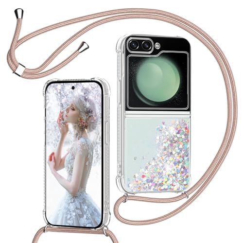 Handykette für Samsung Galaxy Z Flip 6 5G Hülle mit Band, Glitzer Treibsand Handyhülle mit Kordel zum Umhängen, Transparent Stoßfest TPU Schutzhülle mit Kette - Schnur Quicksand Case in Rose_Gold von TUUTPU