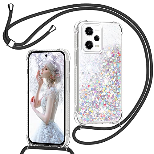 Handykette für Xiaomi Redmi Note 12 Pro 5G/Poco X5 Pro Hülle mit Band, Glitzer Treibsand Handyhülle mit Kordel zum Umhängen Transparent Stoßfest Schutzhülle mit Kette Schnur, Necklace Case in Schwarz von TUUTPU