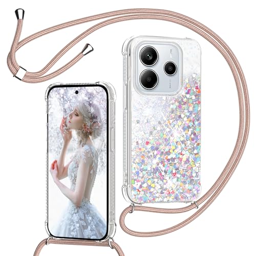 Handykette für Xiaomi Redmi Note 14 5G(Nicht für 4G) Hülle mit Band, Glitzer Treibsand Handyhülle mit Kordel zum Umhängen Transparent Stoßfest Schutzhülle mit Kette Schnur, Necklace Case in Roségold von TUUTPU