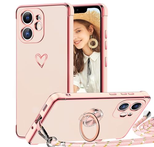 TVVTPU Handykette für iPhone 11 Hülle mit Band, Herz Muster Handyhülle mit Ring Ständer Stoßfeste Kratzfest TPU Bumper Schutzhülle mit Kordel zum Umhängen (Abnehmbar), Rosa von TVVTPU