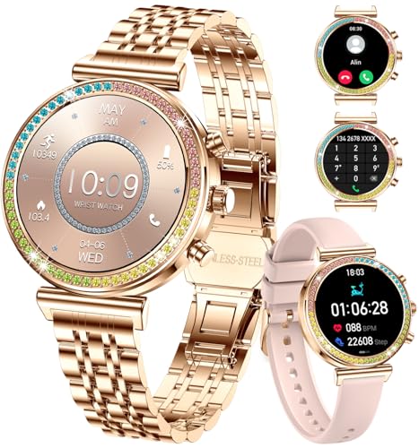 TYBERLEY Smartwatch für Damen, 1,25 Zoll HD-Bildschirm, Bluetooth Anrufe Fitness Tracker Sport Damen Smartwatch für Android iOS Handys, Herzfrequenz/Schlafmonitor/IP67 Wasserdicht (Gold) von TYBERLEY