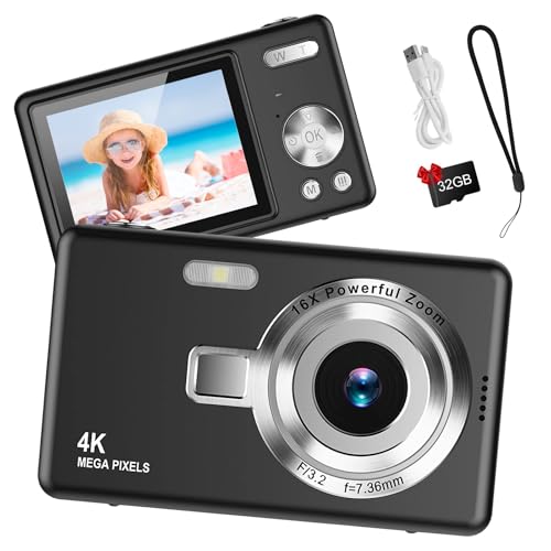 Digitalkamera 1080P FHD Kompaktkamera 44MP Kamera mit 2,4“ LCD Bildschirm 16X Digitalzoom Einfache Vlogging Tragbare Digitalkamera mit 32gb SD Karte für Kinder Teenager Studenten Anfänger (Dunkelgrau) von Taichaeu