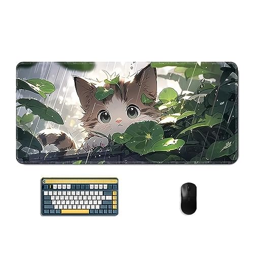 Tainrun Mauspad,Groß XXL Gaming Mauspad Extended Large Grünes Blatt Katze Mouse Pad Premium-Strukturiertes Rutschfestes mit Genähten Kanten Schreibtisch Matte für Notebooks, PC 1200x600x2mm von Tainrun