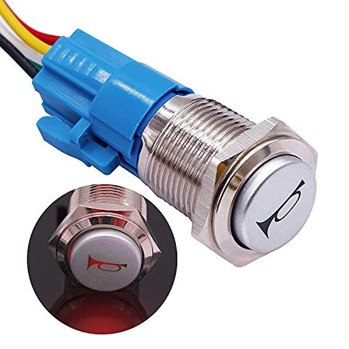 Taiss /16MM Momentan Hupentaste Druckschalter 12V DC, Rote LED Licht Druckknopfschalter mit vorverdrahtetem Stecker, Für Lautsprecher, Hörner, Autos und Boote HORNG16-R von Taiss