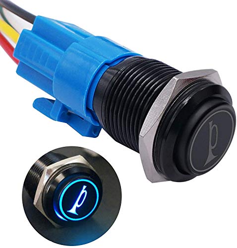 Taiss /19MM Momentan Hupentaste Druckschalter 12V DC, Blau LED Licht Druckknopfschalter mit vorverdrahtetem Stecker ; Für Lautsprecher, Hörner, Autos und Boote BK-GLB19-BU von Taiss