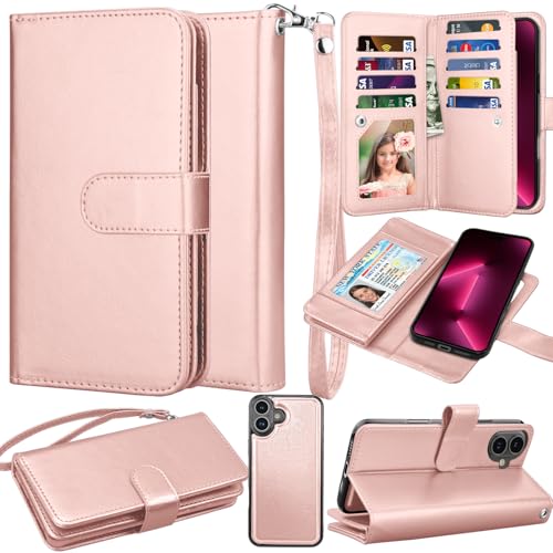 Takfox Schutzhülle für iPhone 16 Plus, iPhone 16 Plus, PU-Leder, Kreditkartenfächer, 9 Kartenfächer, Folio-Klapphülle, abnehmbare magnetische Hülle, Ständer und Handschlaufe, Roségold von Takfox