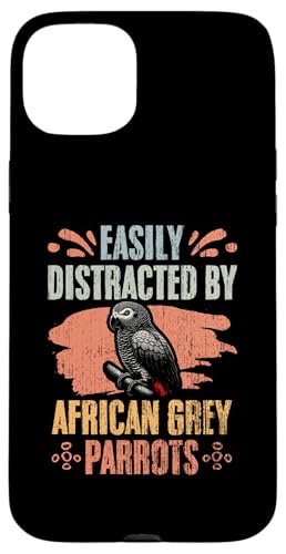 Hülle für iPhone 15 Plus Leicht abgelenkt von afrikanischen Graupapageien, Retro-Ornithologie von Talking African Grey Wings