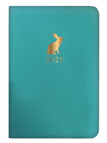 Taschenkalender 2025, stilvoller blauer weicher Einband, Wochenansicht, silberfarbenes Kaninchen-Design von Tallon