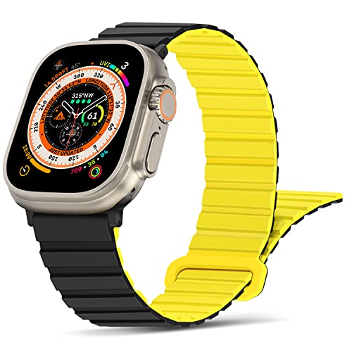 Tasikar Kompatibel mit Apple Watch Armband 49mm 46mm 45mm 44mm 42mm, Silikon Magnetverschluss Loop Ersatzarmband für iWatch Ultra SE Series 10 9 8 7 6 5 4 3 2 1 (Schwarz Gelb) von Tasikar