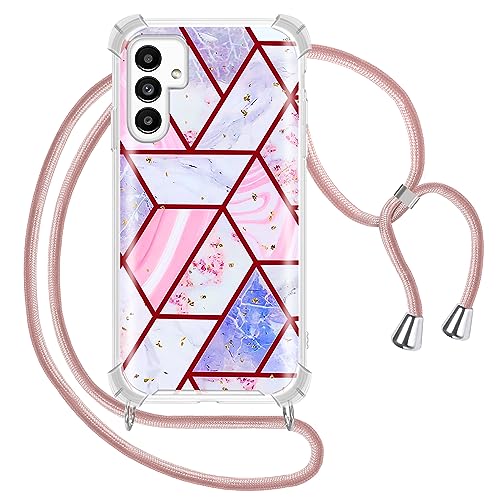 Tawarror Handykette für Samsung Galaxy A14 5G/Samsung Galaxy A14 4G Hülle mit Band, Handyhülle Samsung Galaxy A14 5G mit Kette Marmor Glitzer Silikon mit Kordel zum Umhängen Schutzhülle in Roségold von Tawarror