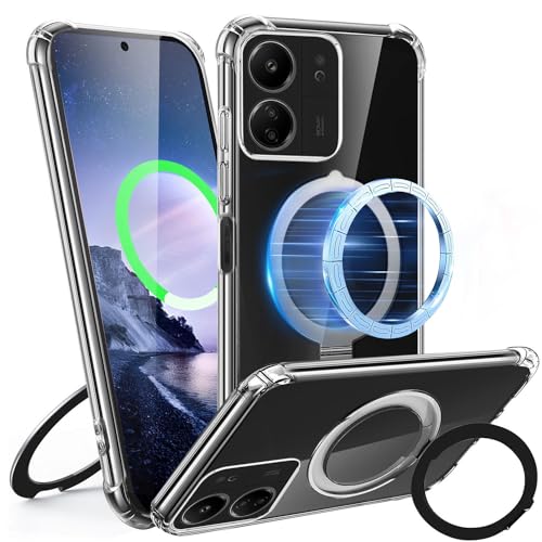 Tawarror Magnetisch Handyhülle für Xiaomi Redmi 13C Hülle, Transparent Schutzhülle für Redmi 13C mit Magnet Ständer Hart PC Rückseite Kratzfest + TPU Bumper Stoßfest Case, Klar von Tawarror