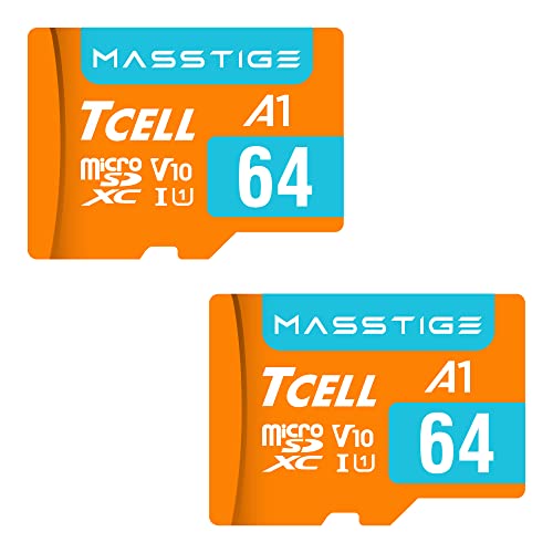 TCELL MASSTIGE Micro-SDXC-Speicherkarte mit Adapter, 64 GB, A1, UHS-I U1, V10, Micro-SD-Karte, Lesen bis zu 100 MB/s, Full HD, 2 Stück von TCELL