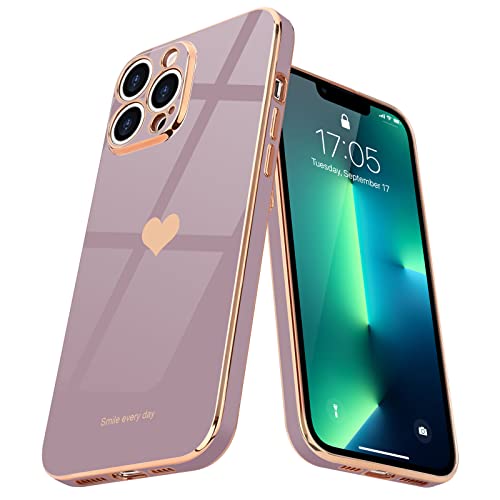 Teageo Kompatibel mit iPhone 13 Pro Max Hülle, Süße Herzförmig Mädchen Handyhülle Luxuriös Galvanisierte Weich TPU Kameraschutz Kratzfest Stoßfest Bumper Schutzhülle für iPhone 13 Pro Max, Sakura Lila von Teageo