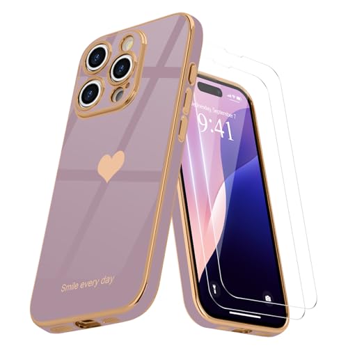 Teageo Kompatibel mit iPhone 16 Pro Hülle + 2 Stück Schutzfolie, Mädchen Herz Styling Hülle Galvanisierte Weich TPU Schutzhülle Kameraschutz Kratzfest Case für iPhone 16 Pro, Sakura Lila von Teageo