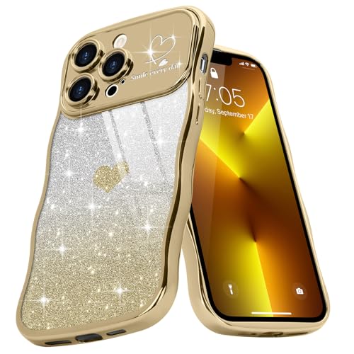 Teageo Wellen Rahmenform Handyhülle für iPhone 13 Pro Max, Mädchen Stilvoll Curly Wellen Form Schutzhülle Galvanisierte Glitzer TPU Kameraschutz Kratzfest Hülle für iPhone 13 Pro Max, Golden von Teageo