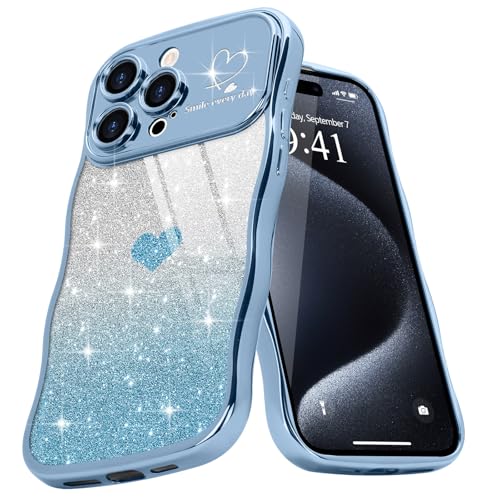 Teageo Wellen Rahmenform Handyhülle für iPhone 15 Pro Max, Mädchen Stilvoll Curly Wellen Form Schutzhülle Galvanisierte Glitzer TPU Kameraschutz Kratzfest Hülle für iPhone 15 Pro Max, Sierra Blau von Teageo