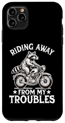 Hülle für iPhone 11 Pro Max Riding Away From My Troubles Motorradfahrer, Biker, Waschbär von Team Trash Raccoon Motorcycle Designs