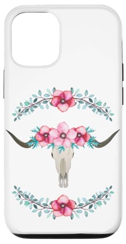 Hülle für iPhone 12/12 Pro Longhorn-Totenkopf verziert mit rosa Blumen auf weißem Hintergrund von Team