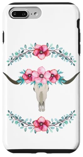 Hülle für iPhone 7 Plus/8 Plus Longhorn-Totenkopf verziert mit rosa Blumen auf weißem Hintergrund von Team