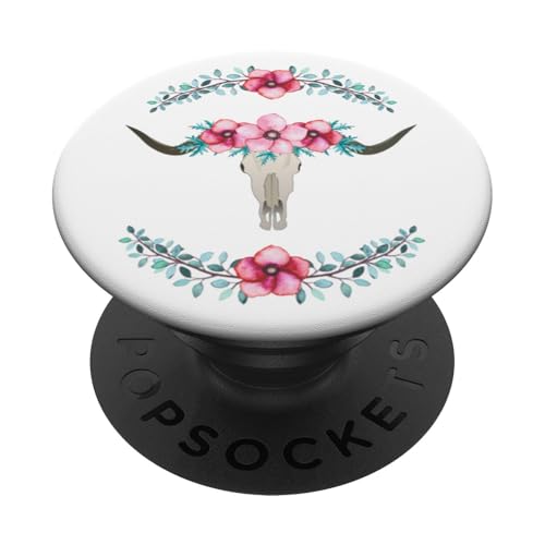 Longhorn-Totenkopf verziert mit rosa Blumen auf weißem Hintergrund PopSockets mit austauschbarem PopGrip von Team