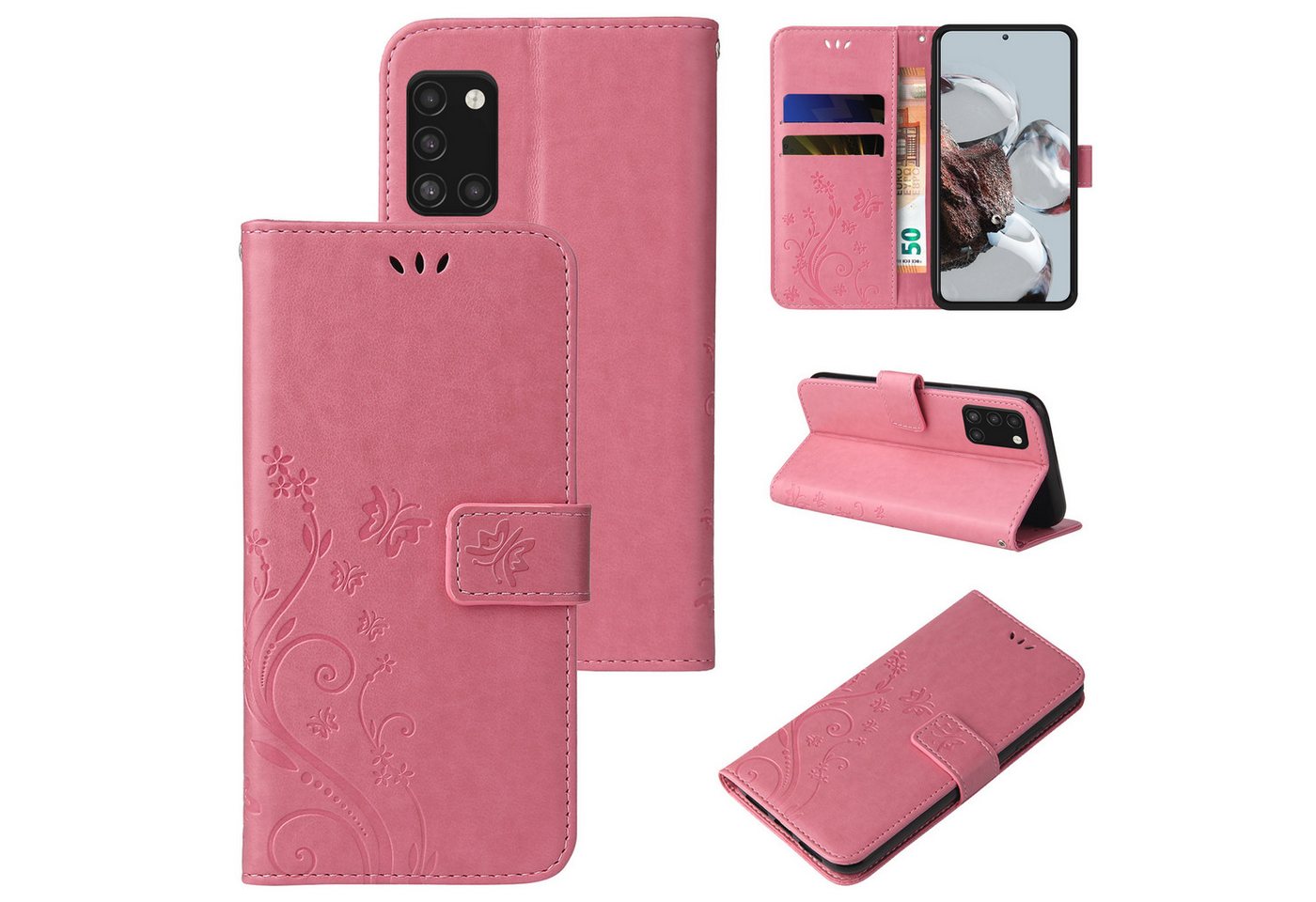 Tec-Expert Handyhülle PU-Leder Flip-Hülle Floral für Samsung Galaxy A31 - Farbe: Rosegold -, Klapphülle Case mit Kartenfach Fliphülle aufstellbar, Motiv Blumen von Tec-Expert