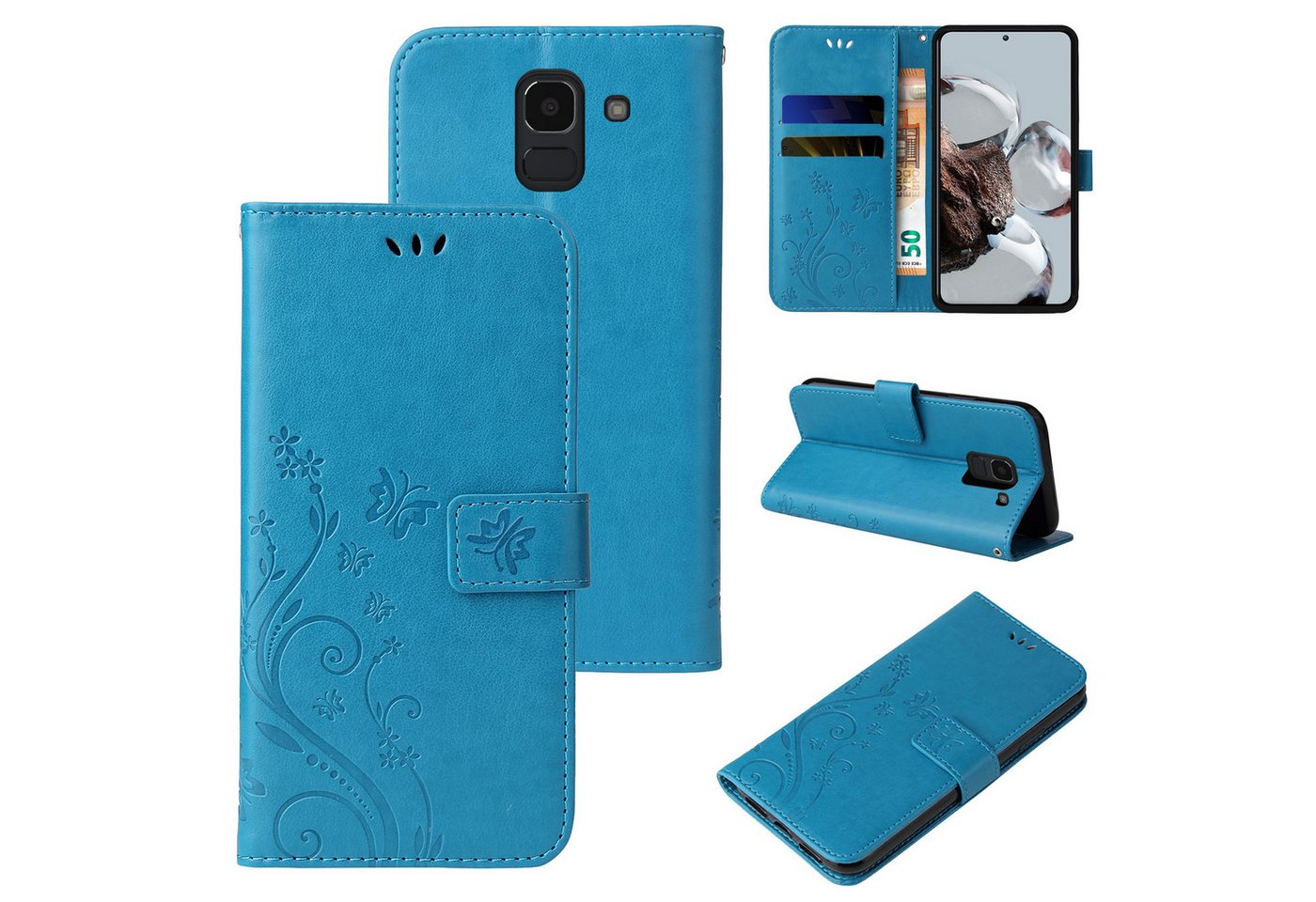 Tec-Expert Handyhülle PU-Leder Flip-Hülle Floral für Samsung Galaxy J4 & J6 - Farbe: Blau -, Klapphülle Case mit Kartenfach Fliphülle aufstellbar, Motiv Blumen von Tec-Expert