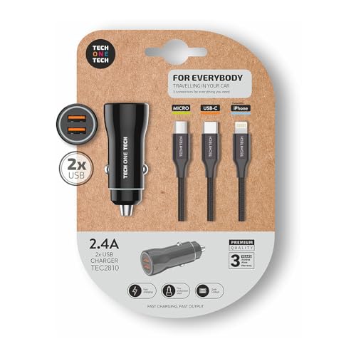 TechOneTech Kfz-Ladegerät 2 x USB-A + 3-in-1 Micro-USB-Kabel, Lightning und USB-C – Schwarz von TechOneTech