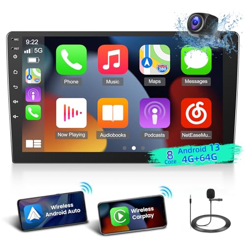 [8 Core 4+64G] Doppel Din Radio mit Wireless Carplay & Android Auto - 10.1 Zoll IPS Touchscreen Android 13 DSP Audio - 32EQ/GPS/WiFi/59UI/Sprachsteuerung/Benutzerdefinierte Homepage + Rückfahrkamera von Techschermo