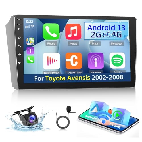 Techschermo [2+64G] Android 13 Autoradio für Toyota Avensis 2002-2008 mit Drahtlos Carplay & Android Auto, 9 Zoll Touchscreen Autoradio mit WiFi/GPS/Spiegelnder Link/DSP SWC+ Rückfahrkamera von Techschermo