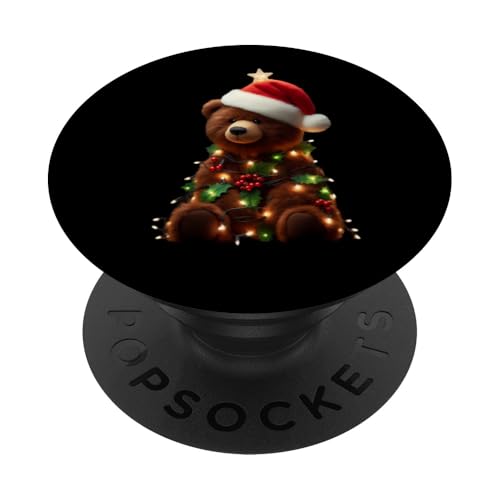 Niedlicher Teddybär mit Weihnachtsmütze und Weihnachtsbeleuchtung für Kinder und Jungen PopSockets Klebender PopGrip von Teddy Bear With Santa Hat And Christmas Products