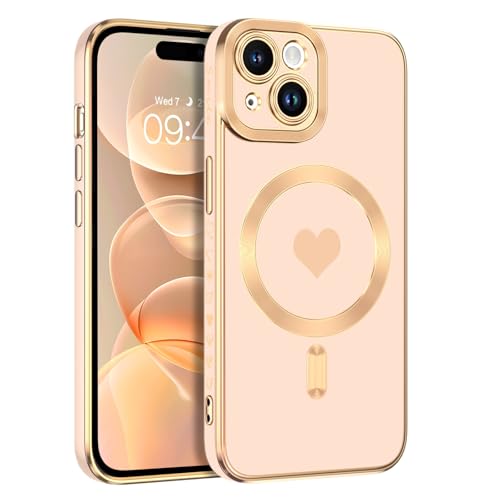 Telaso Magnetische Hülle für iPhone 15 Hülle, [Kompatibel mit MagSafe] TPU Cute Plating Love Heart Pattern Kameraschutz Stoßfest Schutzhülle für iPhone 15 6,1 Zoll, Rosa von Telaso