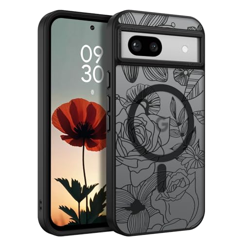 Telaso Pixel 8a Hülle, magnetisch für Google Pixel 8a, kompatibel mit Magsafe, durchscheinende, matte Rückseite, weiche TPU-Bumper mit Blume, Rose, Google Pixel 8a Hülle für Frauen, Schwarz von Telaso