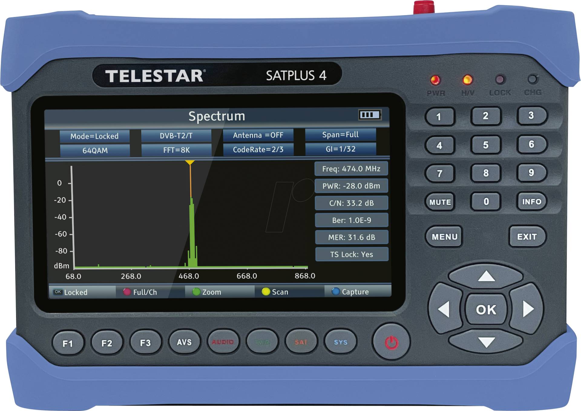 TELESTAR 5401254 - Pegelmessgerät, DVB-S/S2/T/T2/C, MPEG-2/MPEG-4, 7'' LCD Display von Telestar
