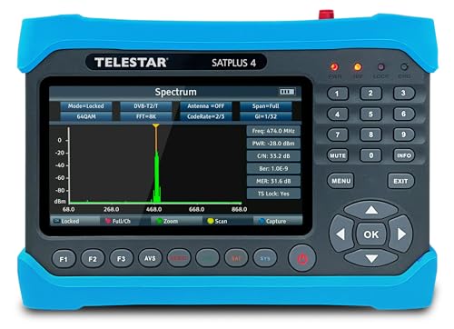 TELESTAR SATPLUS 4 - SAT Messgerät, Kabel & Terrestrisch - Satelliten Finder (DVB-S/DVB-S2 / DVB-C/DVB-T2 HD, H.265), DiSEqC, Unicable, WLAN, Glasfaser, Akku von Telestar