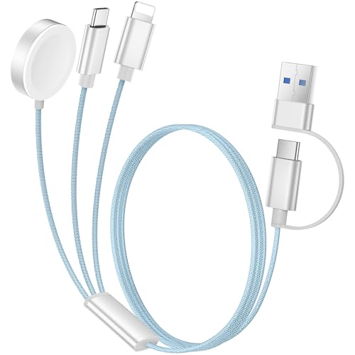 Temdan 3 in 2 USB C Kabel für Apple Watch Ladegerät iPhone 16 Ladegerät/Typ C/Lightning Nylon geflochtenes Multi-Ladekabel Travel Essentials kompatibel mit iWatch Ultra/SE/10-1&iPhone 16-12-4FT Blau von Temdan