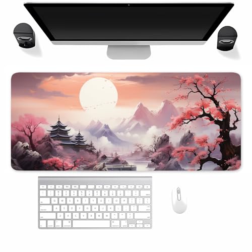 Gaming Mauspad XXL Japanische Landschaft Mousepad 1500x800x2mm Verlängertes groß Mauspad mit vernähten Kanten Waschbares Tischunterlage für Büro, Zuhause, Tastatur von TengYuer