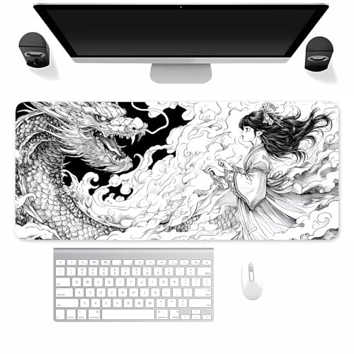 Gaming Mauspad XXL Manga Drache Mousepad 1500x800x3mm Verlängertes groß Mauspad mit vernähten Kanten Waschbares Tischunterlage für Büro, Zuhause, Tastatur von TengYuer