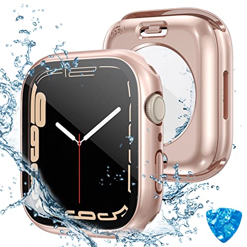 (2 in 1) Tensea für wasserdichte Apple Watch Displayschutzfolie Hülle Series 8 7 45 mm Zubehör, iWatch Schutzhülle PC Gesichtsabdeckung Eingebaute gehärtete Glasfolie, vordere und hintere Stoßstange von Tensea