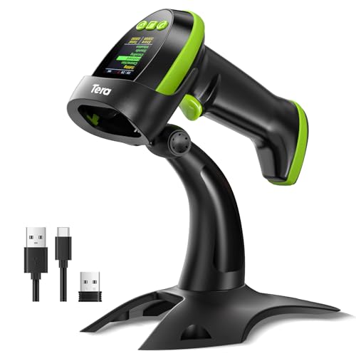 Tera Barcode-Scanner Wireless 2D mit Ständer: Pro-Version mit digitalem Einstellungsbildschirm und Tastenfeld funktioniert mit Bluetooth 2,4G Wireless USB-Kabel extra schnelle Handheld HW0009-Z Grün von Tera