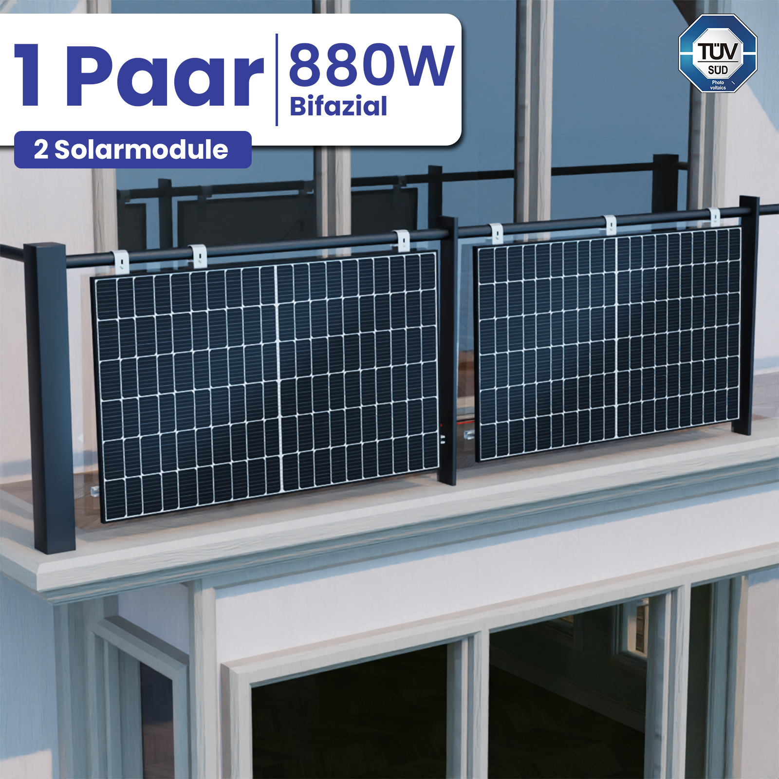 880W/800W Bifazial Balkonkraftwerk Photovoltaik Komplettanlage Deye WIFI Wechselrichter 800W Balkongeländer Eckig PV Montage von Terralumen GmbH