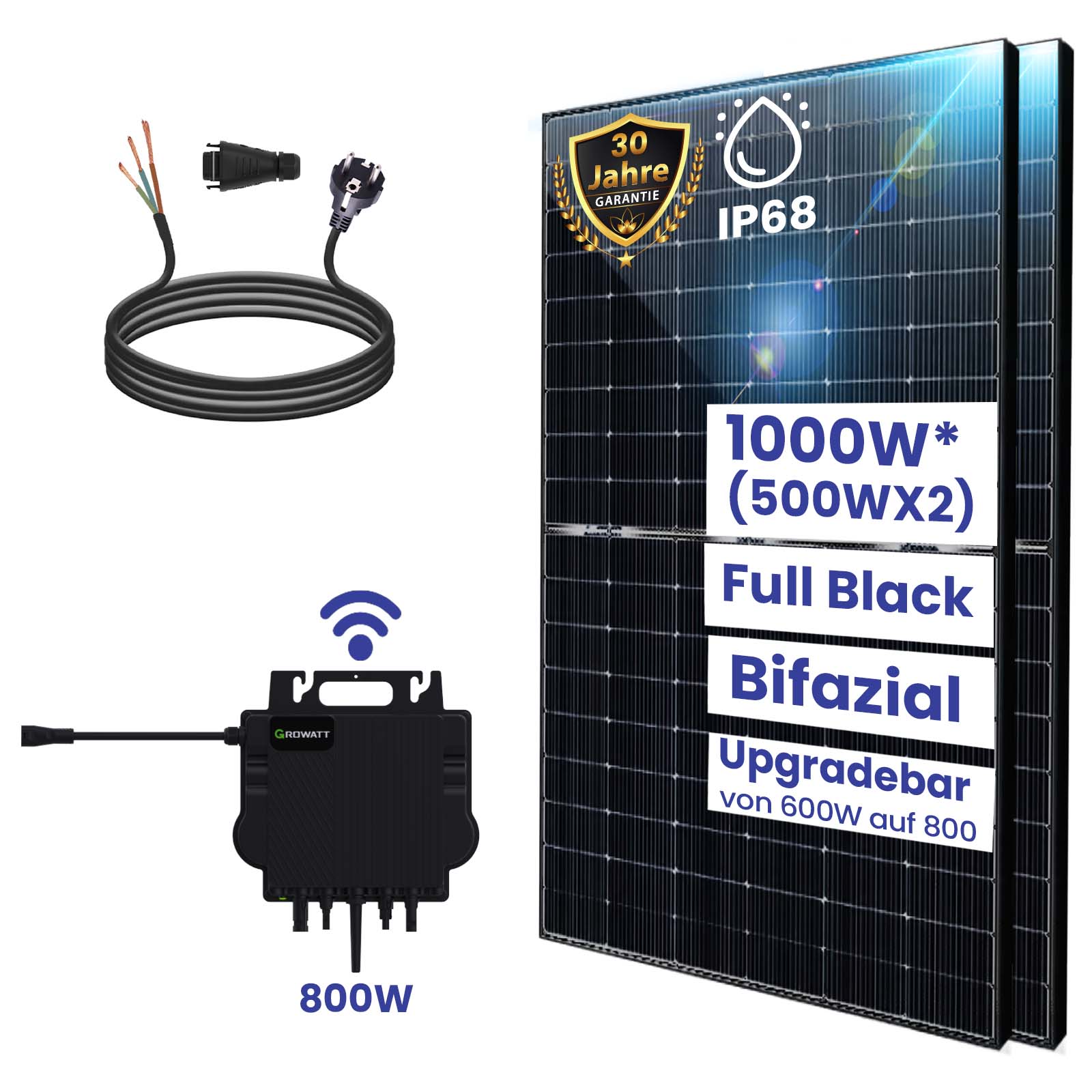 Balkonkraftwerk Komplettset 1000W Bifazial | Growatt NEO Wechselrichter 800W | Photovoltaik Solaranlage mit 5m Schukostecker von Terralumen GmbH