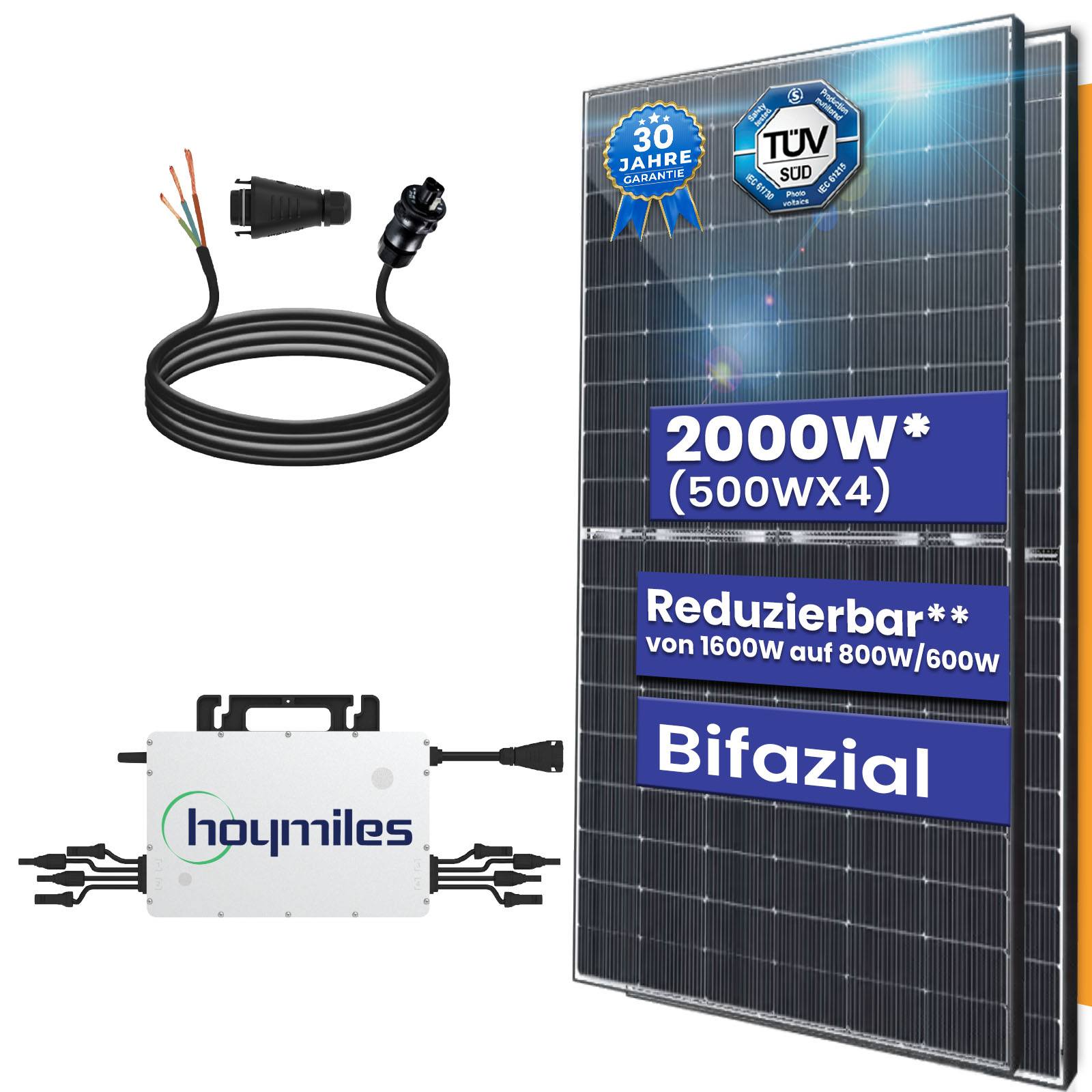 Balkonkraftwerk Komplettset 2000W Bifazial | Hoymiles Wechselrichter 1600W | Photovoltaik Solaranlage mit 5m Wielandstecker von Terralumen GmbH