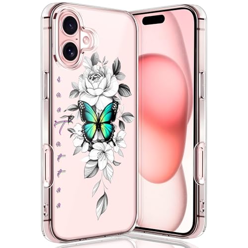 Teryei Hülle für iPhone 16 HandyHülle Soft Silikon TPU Blumen für iPhone 16 Hülle Dünn Schutzhülle Weiche Schmetterlings Muster Transparent Clear Cover Slim für iPhone 16 Case (B) von Teryei