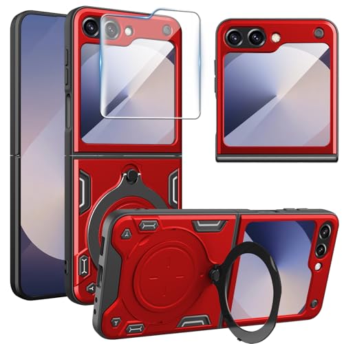 Teryei handyhülle für Samsung Galaxy Z Flip 6 Hülle mit Magnet Ring Ständer, Z Flip 6 Magnet hülle mit schutzfolie, 360 Grad stoßfeste handyhülle für Samsung Galaxy Z Flip 6 (Rot) von Teryei