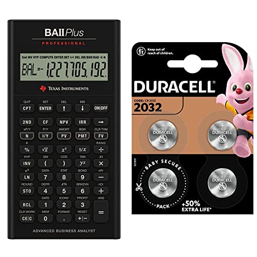 Texas Instruments BA II Plus Professional Finanzrechner + Duracell Specialty 2032 Lithium-Knopfzelle 3 V, 4er-Packung, mit kindersicherer Technologie von Texas Instruments