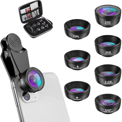 Textiluxe 7 in 1 Handy Objektiv Kit, Fischaugenobjektiv 210° Weitwinkel 120° Makroobjektiv (25x) Sternfilter Telephoto, CPL/Star Filter für iPhone und die meisten Smartphones (eisenhaltig) von Textiluxe