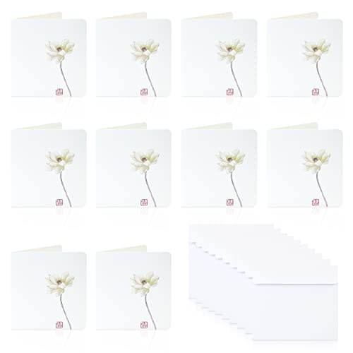 10 Stück Grußkarten für alle Anlässe mit Umschlägen, blanko innen, bedruckbares botanisches Grußkarten-Set, 7,6 x 7,6 cm, einfach, einfarbig, halb gefaltet, klein, Vintage-Schreibkarte (Lotus) von Thatyro